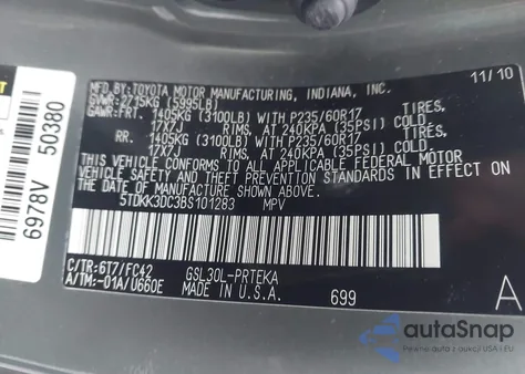 2011 Toyota Sienna Le V6 из США, поврежденный, VIN 5TDKK3DC3BS101283